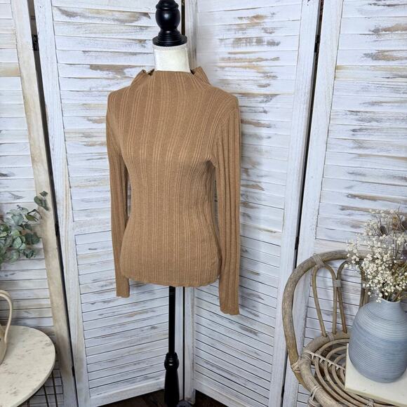 MADEWELL Women's Leaton M Lightweight Ribbed Mock Sweater Heather Caramel Brown - Picture 8 of 15